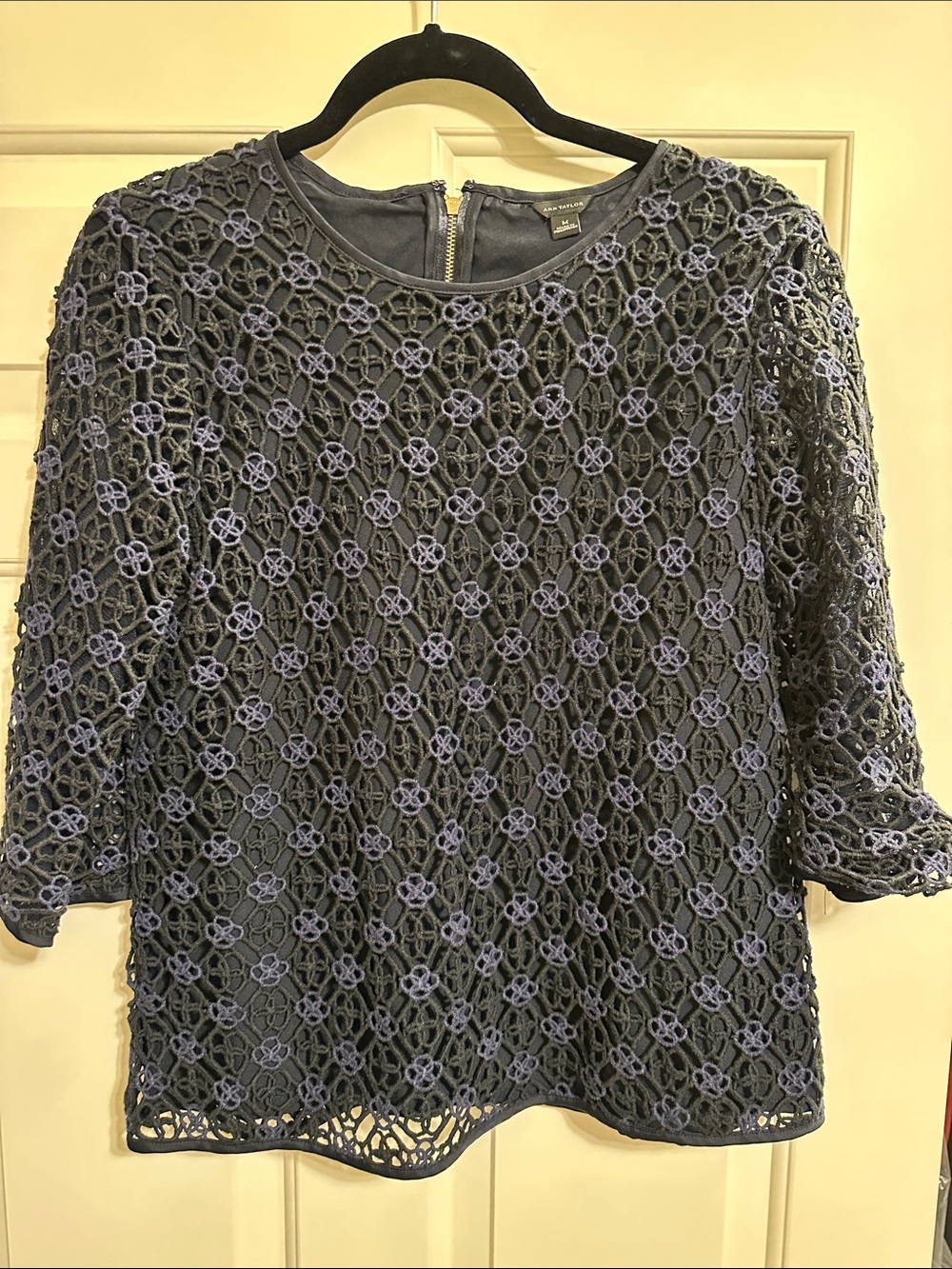 Ann Taylor Navy Blue Crochet Lace Overlay Blouse